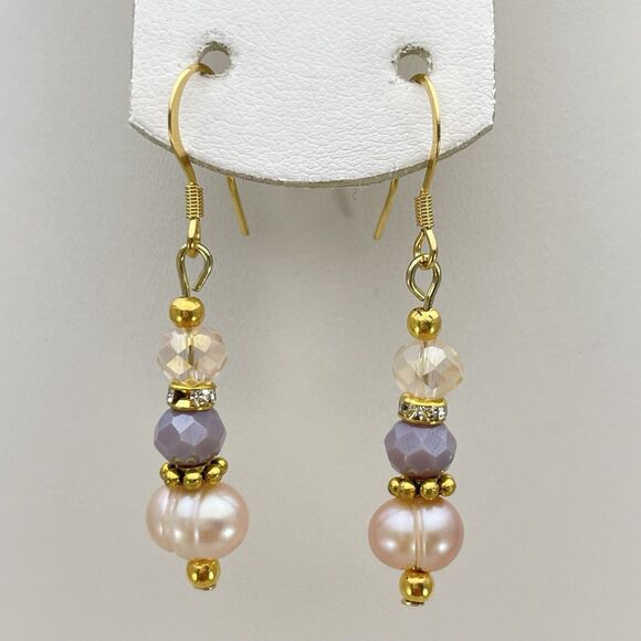Artisan Jewelry - 18K Gold Plated Freshwater Pearl Glass Beaded Dangle Earrings Bridal Cute Unique